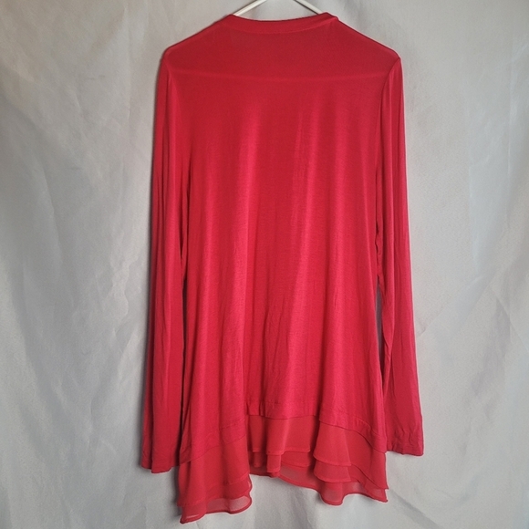 LOGO by Lori Goldstein Women's Hot Pink Cardigan Tunic Lace Trim Top Size M - Picture 6 of 9